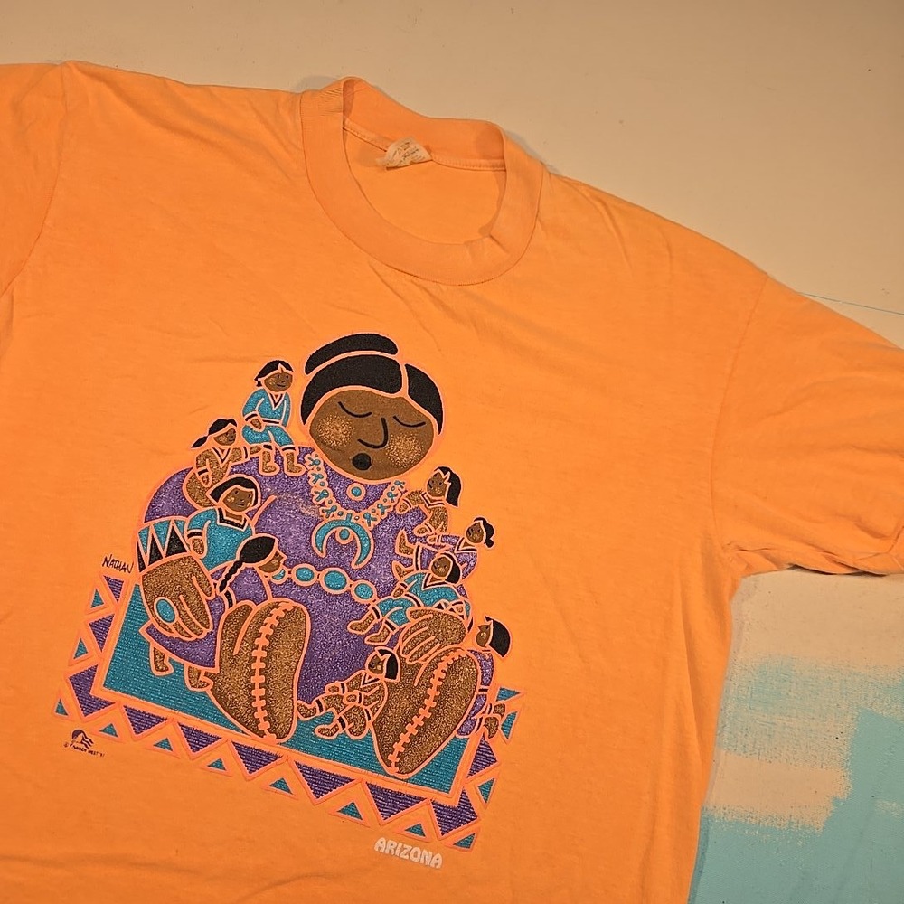 VTG‎ 1991 Stedman L Arizona Modern West Native Art Orange Tee Single Stitch USA
